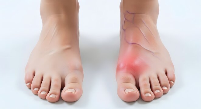 Gout and joint inflammation on the big toe. Arthritis symptoms and podiatry care. Comparison of healthy foot and foot with swollen painful toe