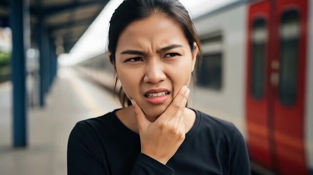 A young woman standing on a train platform experiencing sudden tooth pain