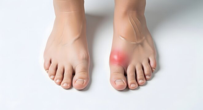 Big toe inflammation and gout symptoms. Podiatry health and orthopedic care. Close up view of feet with swollen red painful big toe joint