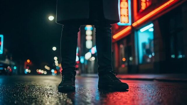 A low angle view of a person standing on a wet city street at night time