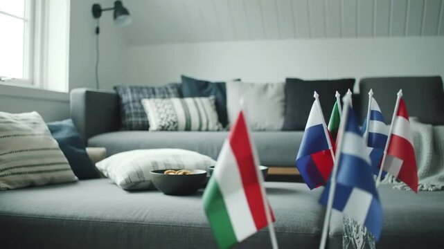 Living room sofa with snacks and international flags for sports