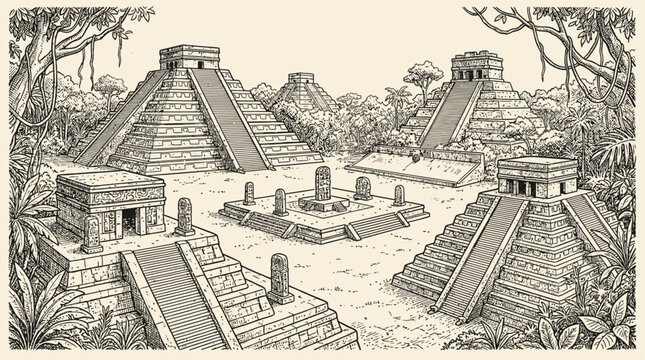 Intricate detailed line art vector illustration of ancient Mayan pyramid and ceremonial ground in a historic temple complex featuring traditional architectural stone structure and stair.