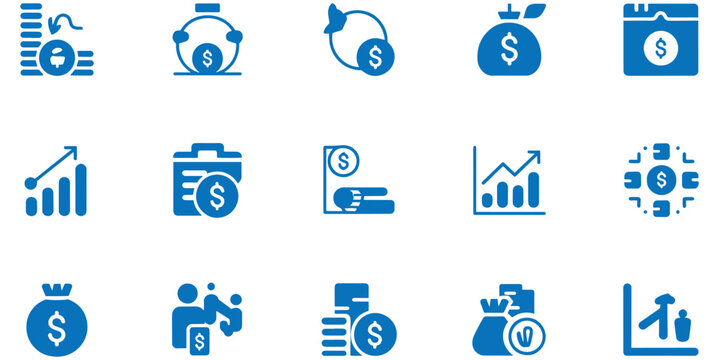 Collection of blue finance and business icons on white background