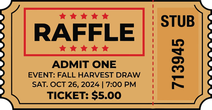Vintage raffle ticket template for fall harvest event with admit one admission and stub design
