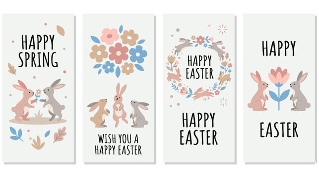 Easter greeting cards with cute rabbits and colorful spring flowers.