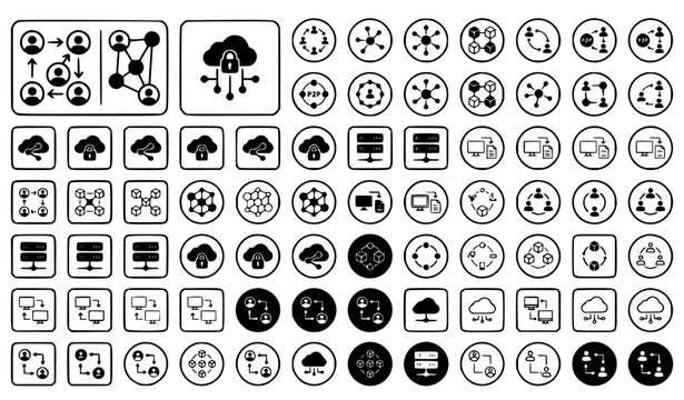 Black and White Peer to Peer Network Vector Icon Set