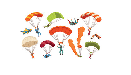 Skydivers and parachutists flying in the sky set, extreme sports skydive activities flat vector illustration isolated on white background. © Ruma