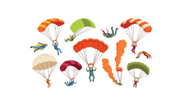 Skydivers and parachutists flying in the sky set, extreme sports skydive activities flat vector illustration isolated on white background.