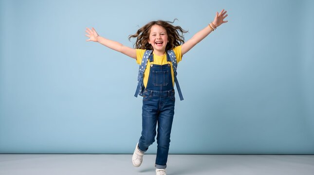 Back to School Happy school girl with backpack jumping in air on adobe stock photo