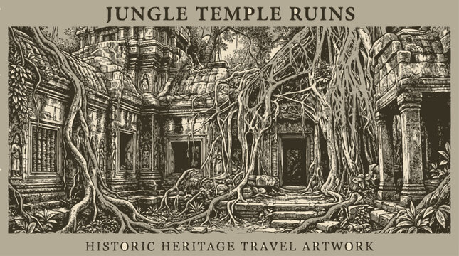 Vintage antique engraving vector illustration depicting ancient stone temple ruins overgrown with tangled tropical jungle vines and deep rainforest foliage in a historical archaeological style.