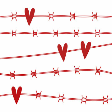 Barbed wire with red hearts vector concept representing forbidden love or restriction of feelings emotional boundary illustration for social themes and romantic metaphors on white plain background.