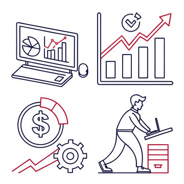 Financial data analysis and business performance improvement through effective strategy and technology implementation depicted with modern line art icons including charts graphs money and gears.