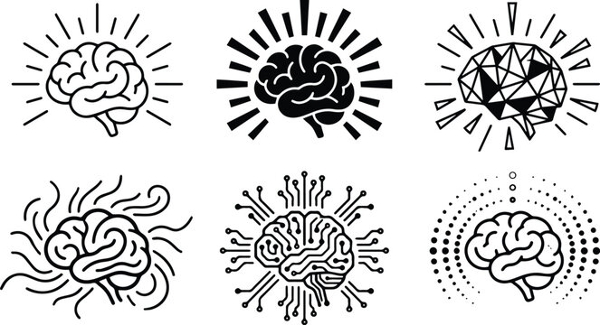 Radiant brain idea icon set showing intelligence innovation focus and digital thinking concepts in black and white vector illustration collection