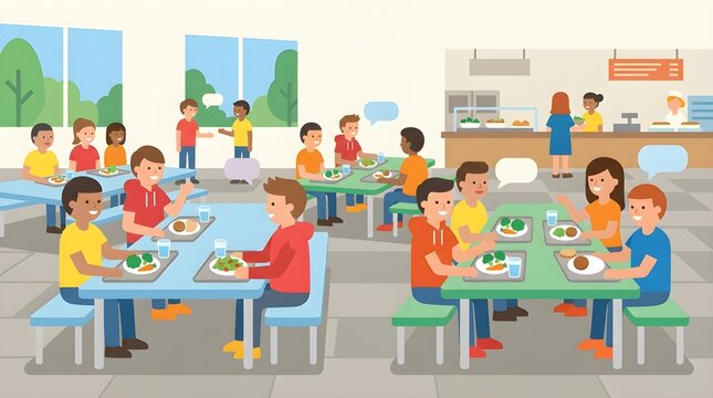 Flat vector illustration of students having lunch together in a school cafeteria. Children sitting at tables, eating meals, and socializing in a school dining area. Suitable for education, nutrition, 
