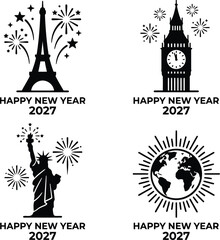 Happy New Year 2027 travel celebration poster with famous landmarks, fireworks, and global holiday greetings © SAIF820