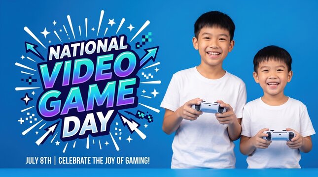 Two young asian boys wearing white t-shirts holding game controllers against a blue background with national game day text and celebrating the joy of gaming on july 8th