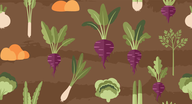 Seamless vector pattern showing different root vegetables like beets, carrots, and onions growing in garden soil rows on a brown background.