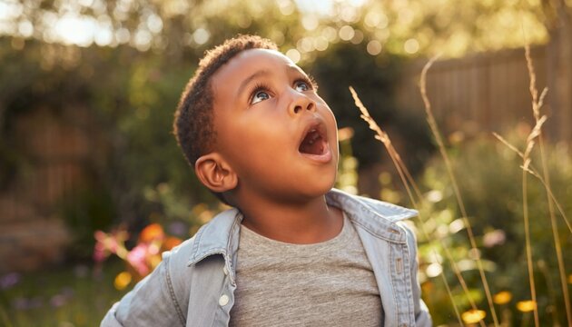 Young boy looks up in garden during daytime while enjoying nature and observing surroundings