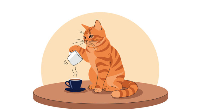 Mischievous orange tabby cat sitting on a wooden table while knocking over a cup of hot steaming coffee.