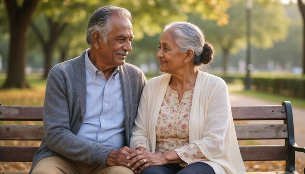 Elderly couple sits on park bench holding hands and smiling at each other during afternoon in the park surrounded by trees and sunshine