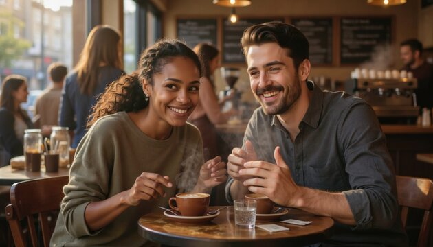 Couple enjoys coffee together at a cafe with people in the background on a sunny day