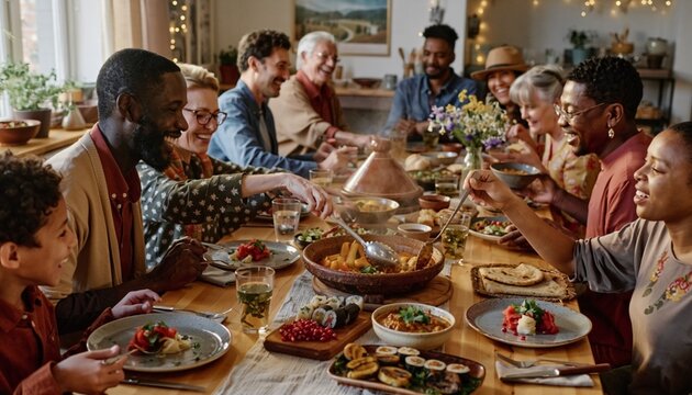 Family and friends gather for a meal in a cozy dining area with warm light and a variety of dishes served on the table