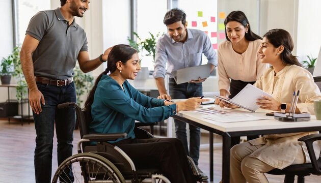Group of people working together in an office setting during the day while discussing a project with a person in a wheelchair