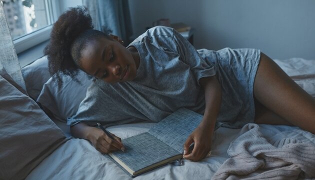 Writing in a notebook while lying on the bed in a cozy room during daytime with light coming through the window