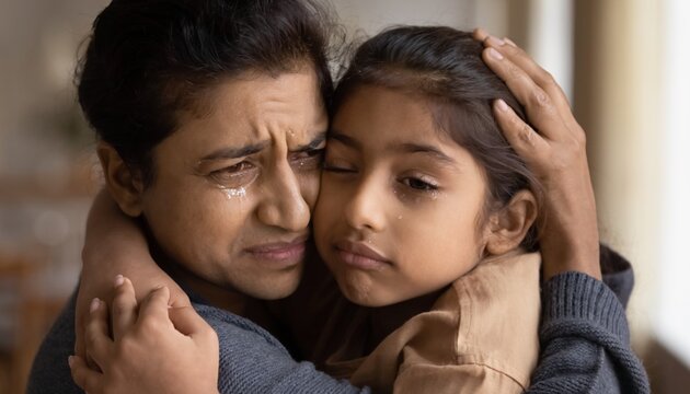 Mother hugs daughter while both show sadness in a home setting during a quiet afternoon
