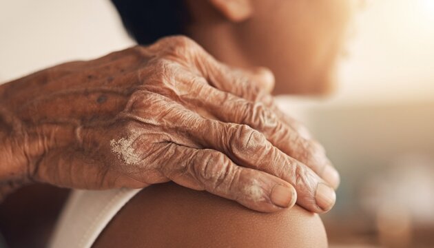 Close up of an older person's hand resting on a young person's shoulder in a warm room during a shared moment of connection