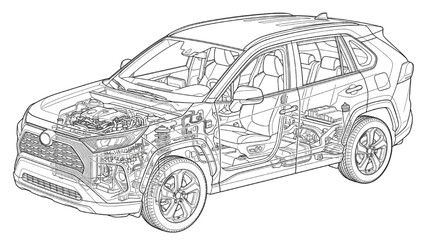 Fototapeta premium Technical Vehicle Cutaway Engineering Blueprint Modern Transport System Detailed Line Art Vector Illustration