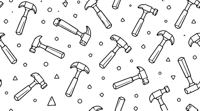 Repeating hammer pattern with geometric shapes background.