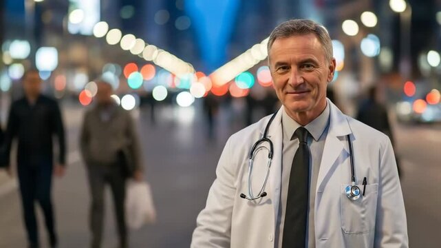 A friendly male doctor waving his hand in a busy city street at night time