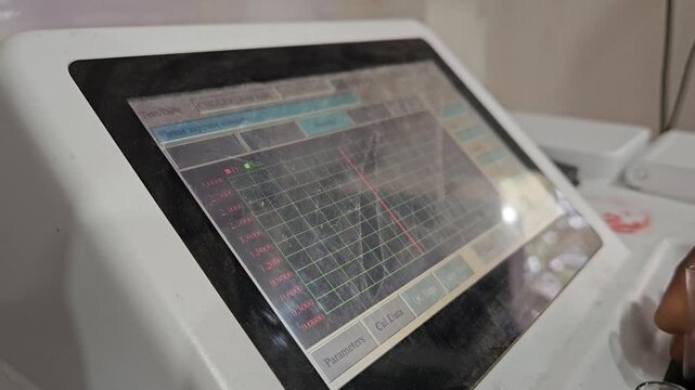 Authentic footage of a laboratory technician operating an automated chemistry analyzer using a touchscreen interface in a modern clinical laboratory. The video showcases laboratory automation