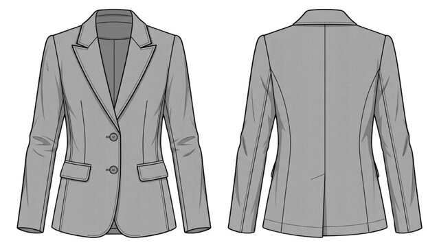 Women Tailored Blazer Technical Fashion Flat Illustration Front and Back View Garment Construction Specification Vector Sheet
