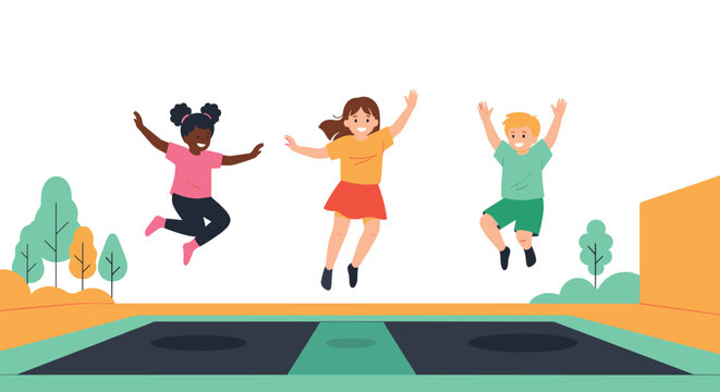 Diverse group of happy children jumping high on outdoor trampoline with park scenery in the background for fun summer activities.