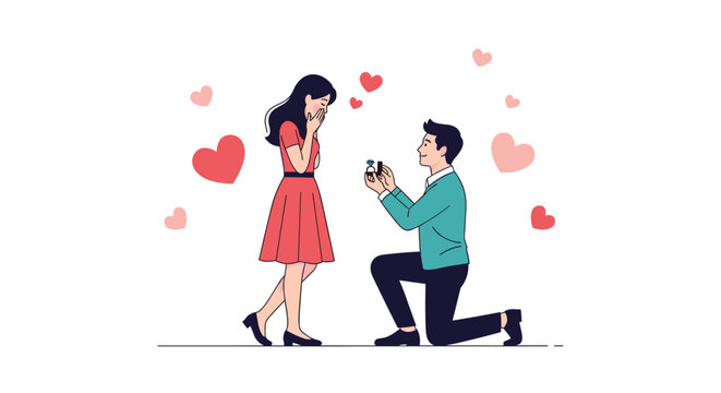 Romantic scene of a young man kneeling and proposing to his surprised girlfriend with an engagement ring and red hearts.