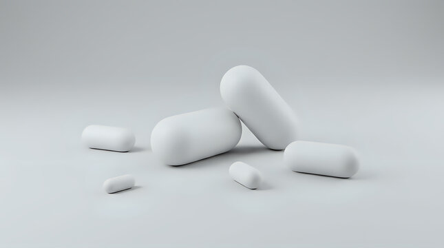 Minimalist white medical capsules on clean studio background with medicine, pharmaceutical