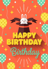 Fototapeta premium Happy Birthday Celebration with Magic Rabbit and Balloons