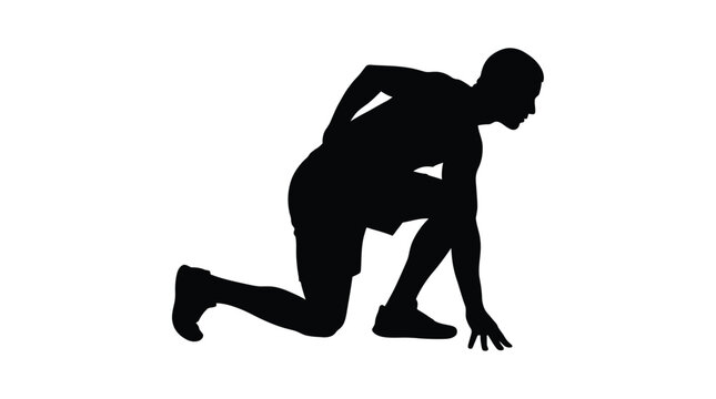 A black vector illustration of an athletic male runner crouching in a focused starting position