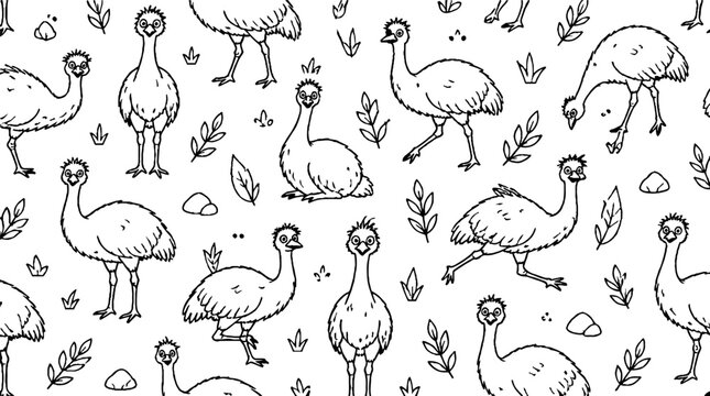 Detailed illustration of emus in a natural setting.