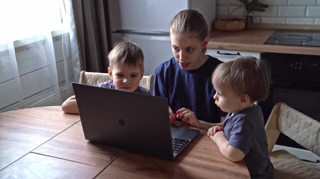 Sister guides eager young children. Sister from Caucasian background shows curious children around area. Caucasian sister gently guides her eager little siblings in cozy home environment
