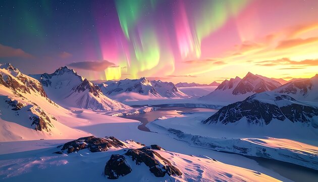 A serene winter mountain landscape with aurora display