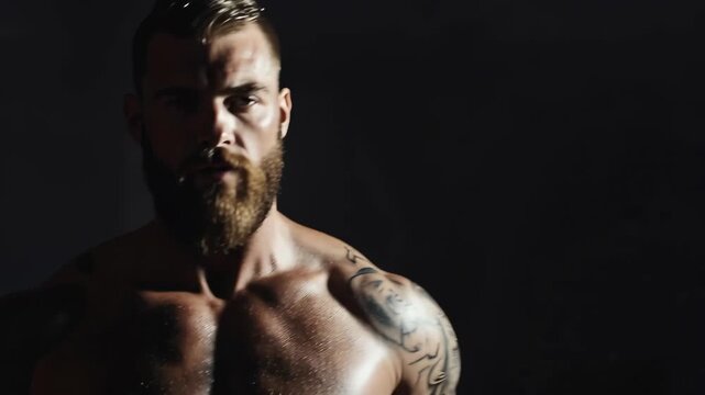 Muscular bearded bodybuilder flexing his muscles in a dark studio. Powerful tattooed athlete showing his strong physique and determination in a dramatic light setting