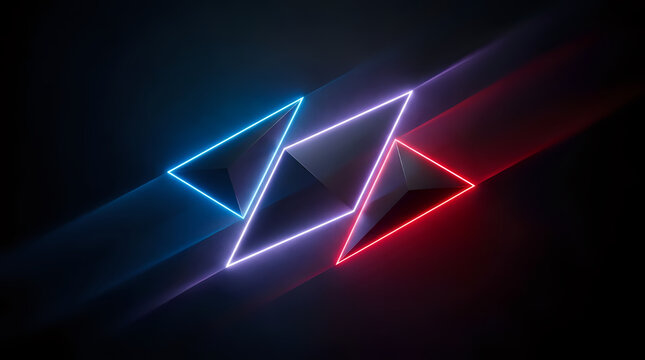 Abstract neon glowing triangle shapes in blue and red light lines with triangle abstract particle