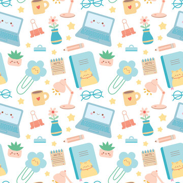 Cute kawaii workspace seamless pattern with laptop stationery and study notebook