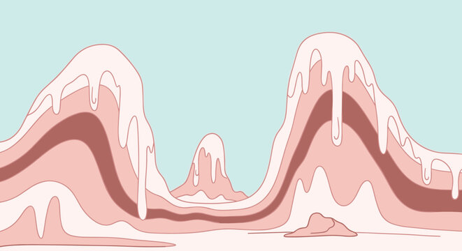 Stylized landscape featuring undulating pink and brown hills that appear to be covered in thick, dripping white icing or cream.