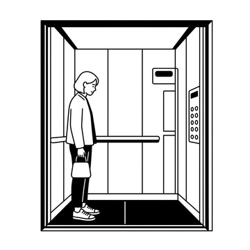 A woman standing in an elevator looking at the control panel with a handbag, vector, illustration, silhouette, people, person, concept, business concept, black and white, line art, minimal