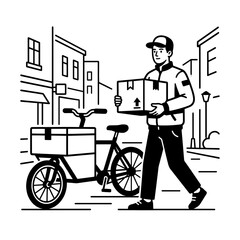 Fototapeta premium Delivery man walking with package and bicycle on city street with buildings, vector, illustration, silhouette, people, person, concept, business concept, black and white, line art, minimal