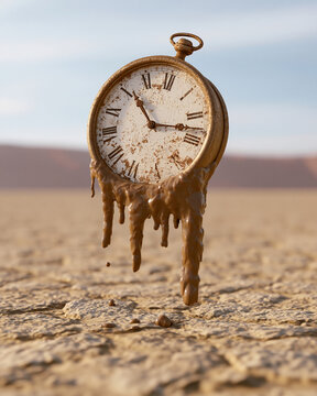 Ancient clock drips mud in barren desert landscape. Time seems frozen, forgotten by nature. Cracked earth surrounds the broken timepiece. Symbol of decay, lost moments, or wasted time